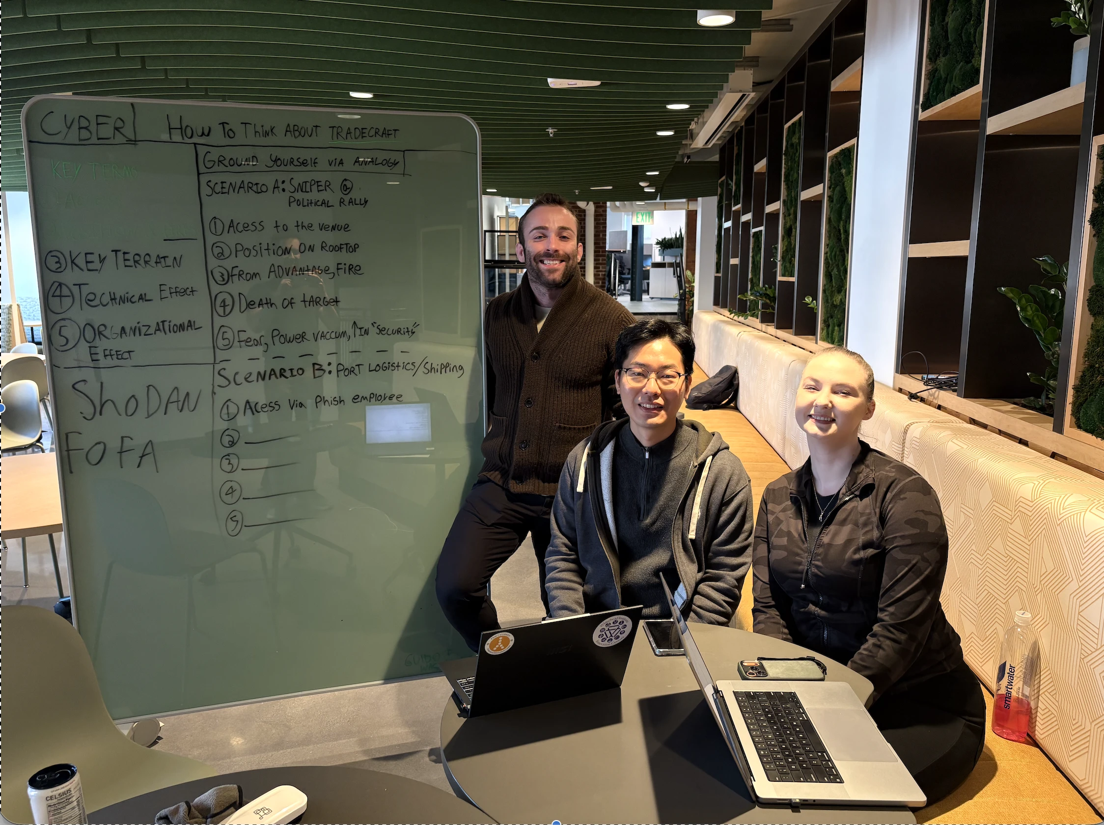 Three people beside a whiteboard comparing cyber operations with a sniper scenario and port logistics.