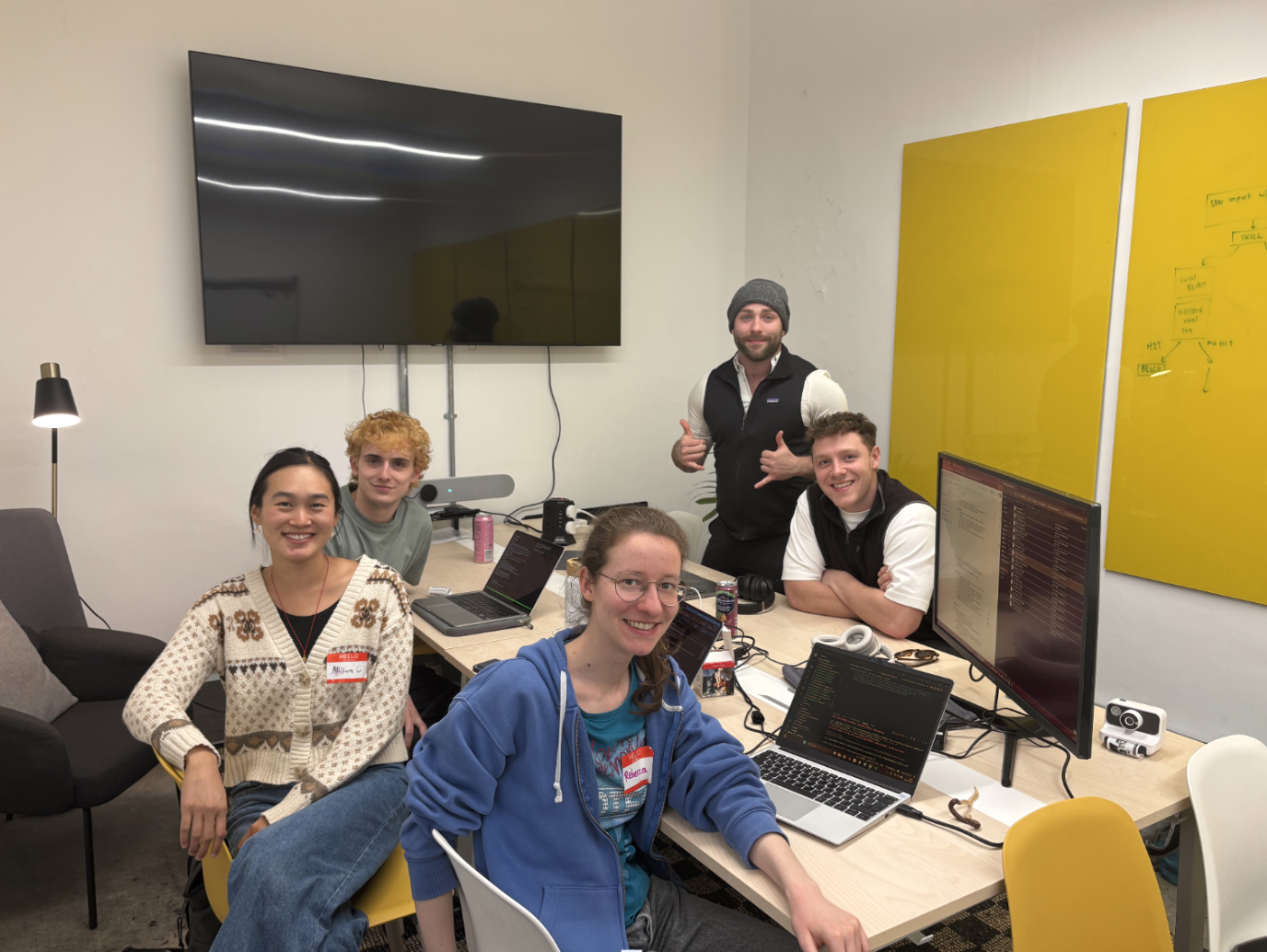 Five-person SecureMaxx research team working around laptops and a screening-workflow sketch.